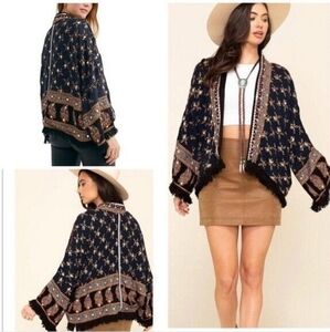 FREE PEOPLE WOMEN'S RAYS OF LIGHT EMBELLISHED FRINGE HEM FLORAL JACKET  SIZE XS